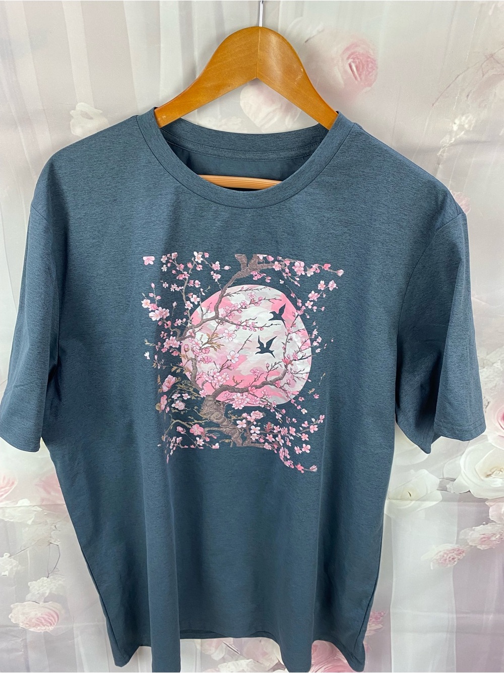 Blue Graphic Tee with Pink Cherry Blossom Moon Design